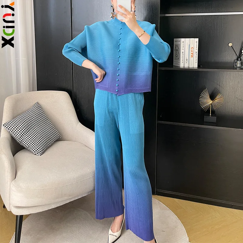 

YUDX Miyake Gradient Color Women's Single-breasted Top + Loose Plus Size Straight Pants Pleated 2-piece Suit 2024 Spring New