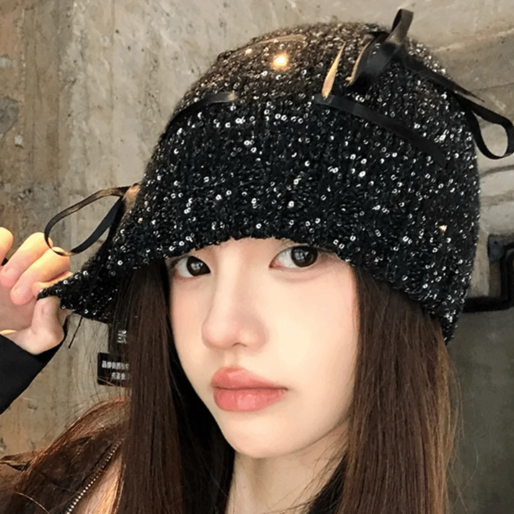 Retro Vintage Sequin Knitted Hat Hollow Bowknot Beanie Hat Thin Woven Cap Streetwear