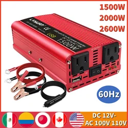 Inversor de energia do carro portátil, adaptador conversor, soquete dos EUA, acessórios automáticos, 1500W, 2000W, 2600W, DC 12V a 110V AC