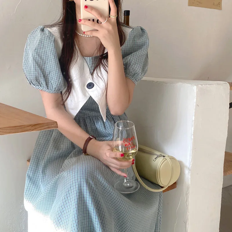 レトロチェック柄バブルスリーブ半袖マキシドレス女性のウエスト締め痩身夏 2023 新スタイル韓国 V ネックドレス