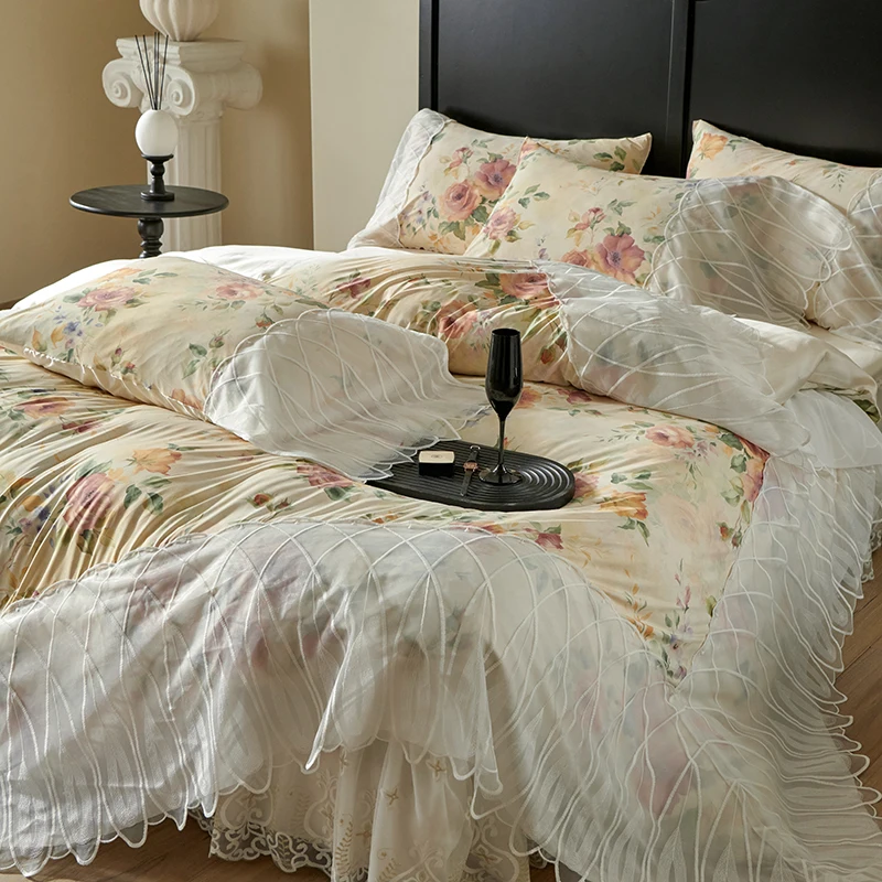 Vintage Rose Flowers Print Lace Princess Bedding Set Lyocell Soft Silky Duvet Cover Bed Sheet/Bed Skirt/Fitted Sheet Pillowcases