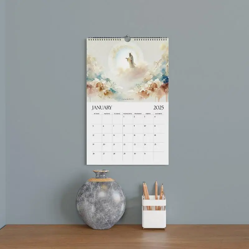 Calendario de pared de historias de la Biblia cristiana de Jesús 2025, calendario colgante de 12 meses, calendario de regalo de paisaje Natural de la Biblia cristiana