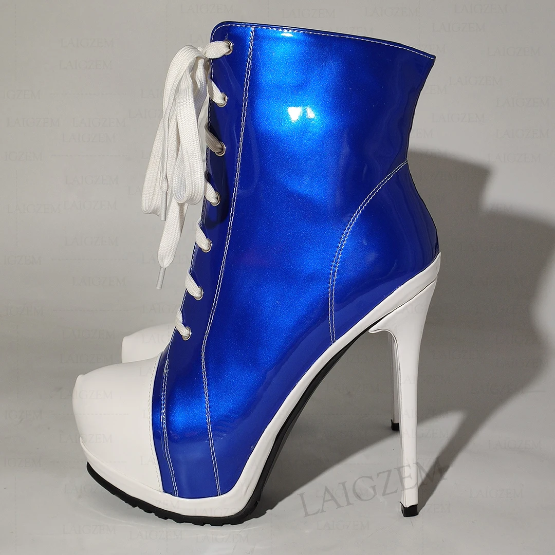 LAIGZEM Women Ankle Boots Platform Shiny Zip Up Thin High Heels Short Booties Ladies Handmade Shoes Woman Large Size 38 41 45 52