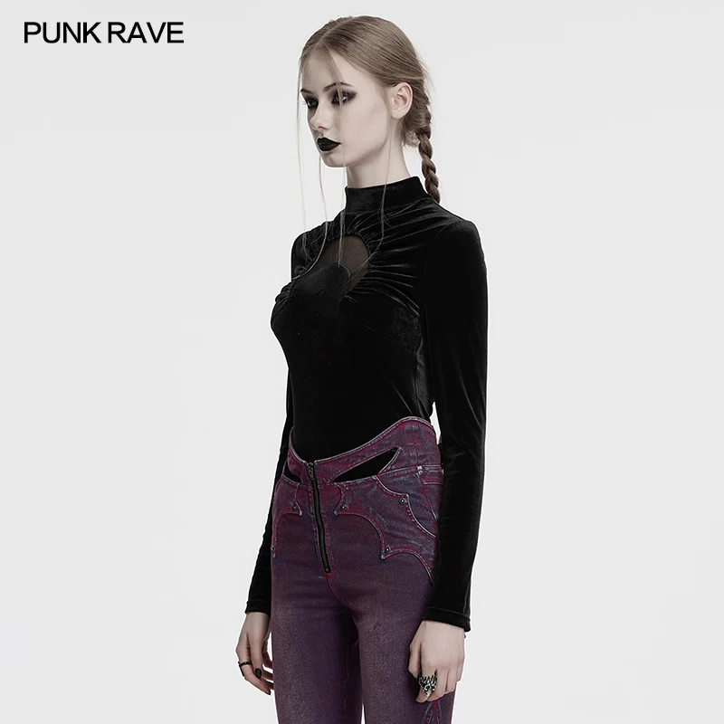PUNK RAVE Women's Gothic Daily Crescent Sexy Perspective Hollowed Print Velvet T-shirt Stand Up Collar Tops Spring/Autumn