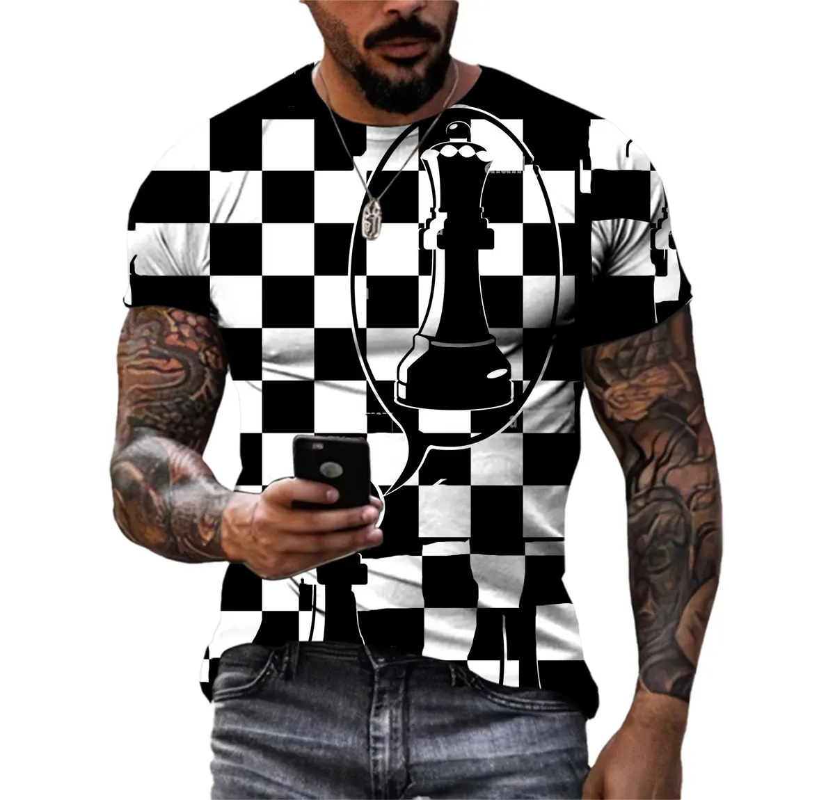 Summer Plaid State Chess Men\'S T-Shirt Tide Brand Board Loose Ins Super Fire O Neck Short Sleeve Game Suit Large Outline Shirt