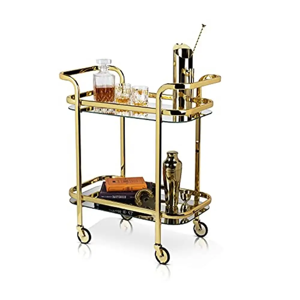 Gold Plated Stainless Steel Bar Cart with Mirrored Shelves and Wheels Bartending Accessories Holder Home Bars Stylish Design