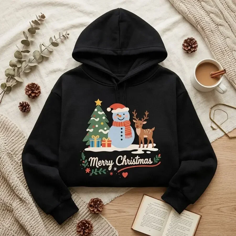 Women White Winter Christmas Hoodie Snowman Deer Tree Holly Heart Graphic Print Casual Pullover Sweatshirt Top Free Shipping