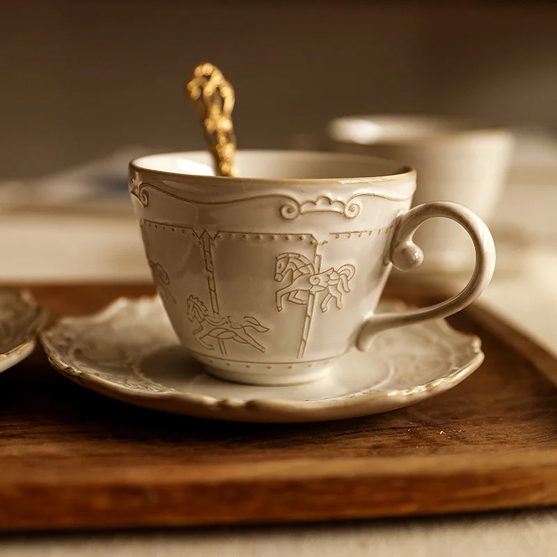 French Relief Retro Ceramic Coffee Mug with Carousel Design for Afternoon Tea and Latte Art