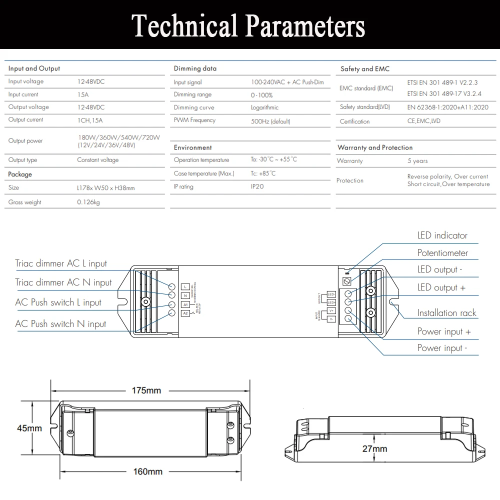 Triac Dimmer KIT 1 CH DC12V 24V 36V LED Controller With Push-Dimming Funtion AC 220V Rotary Dimmer Apply to Triac Dimming System