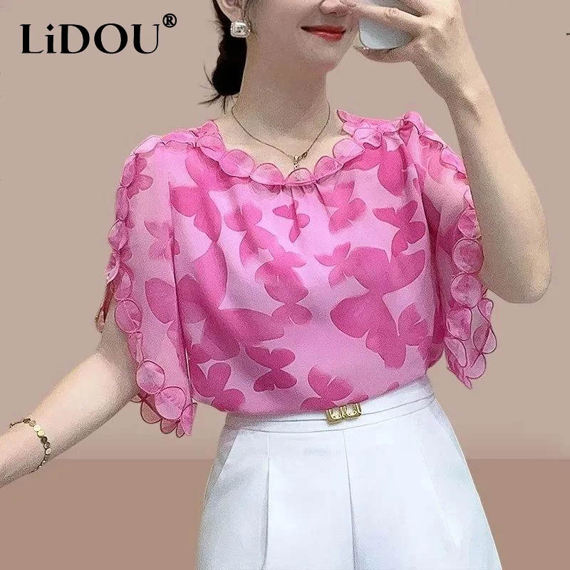 Summer Sweet Ruffles Printing Elegant Fashion Blouse Women Short Sleeve Loose Casual Pullover Blouse Female Casual All-match Top