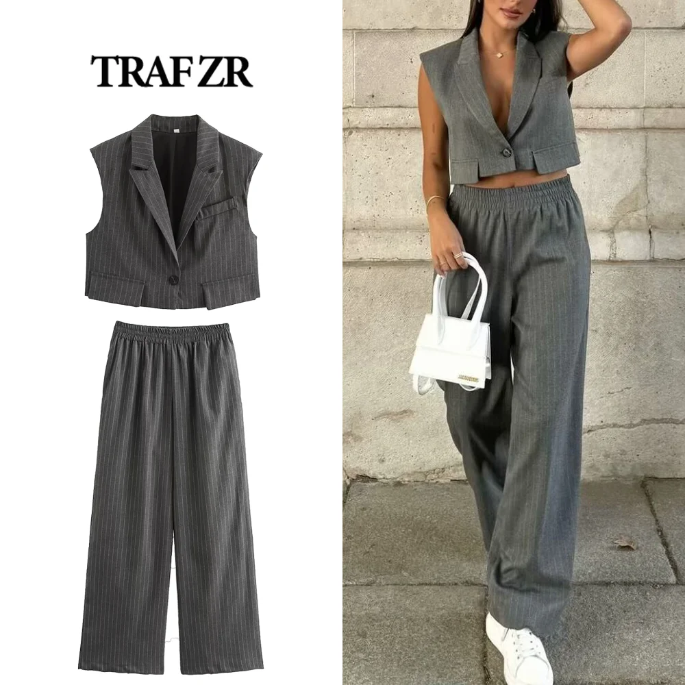 TRAF ZR Mujer Socialite Short Waistcoat with Flaps&Diplomatic Stripes and Pinstrip Palazzo Trousers Two Piece Outfits for Women