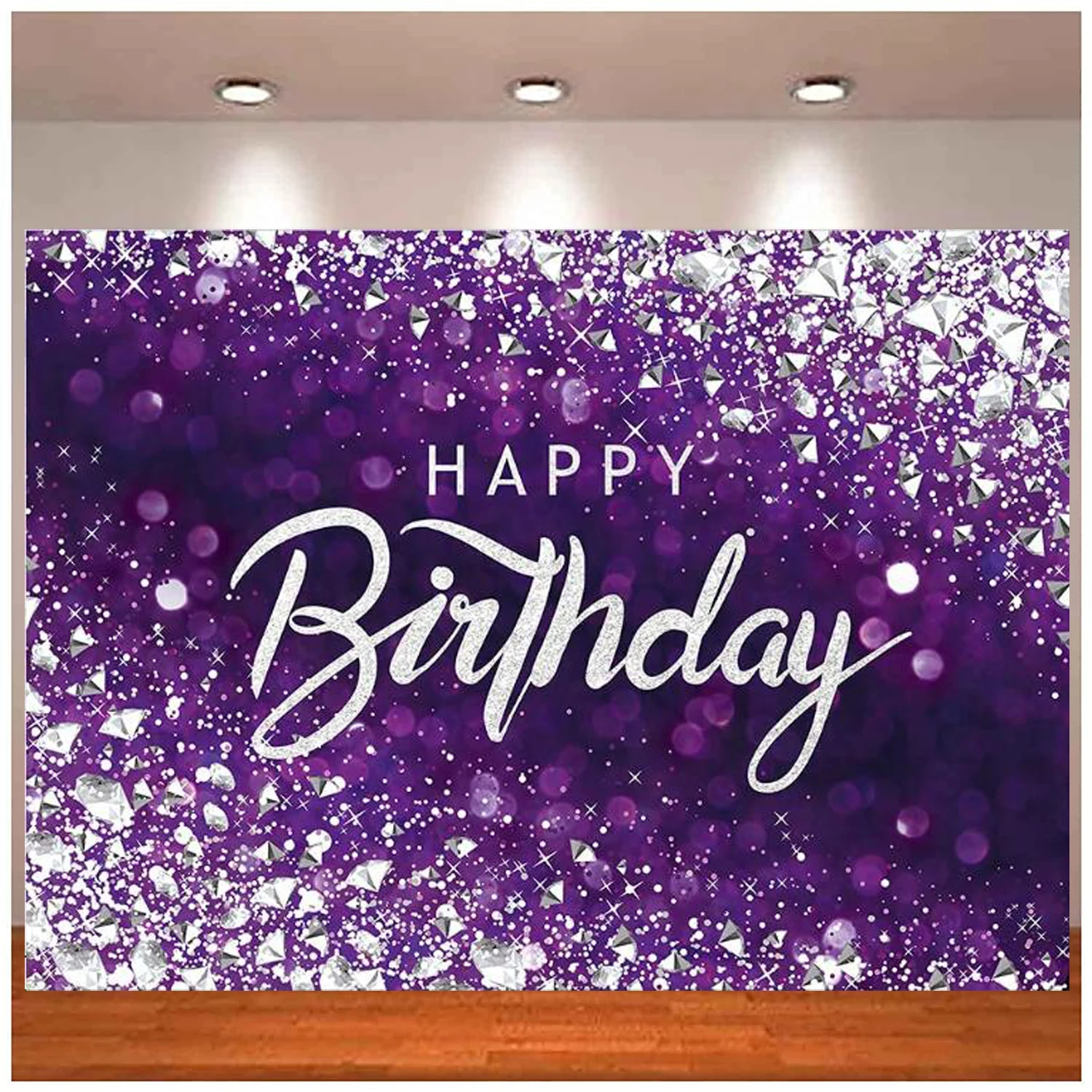 

Purple Happy Birthday Photography Backdrop Silver Diamond Women Girls Crystal Shinning Elegant Sweet Princess Background Banner