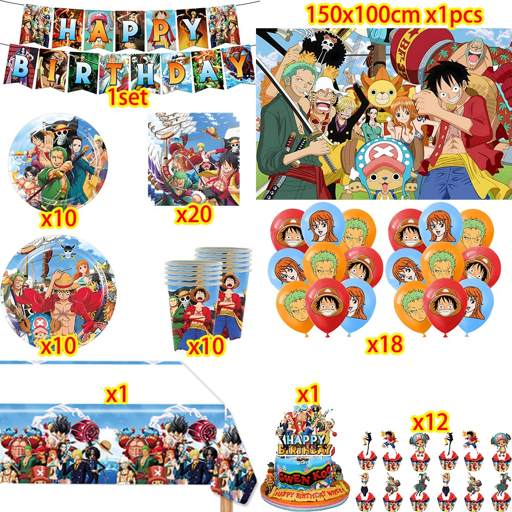 One Piece Geburtstagsparty-Dekorationsset Anime-Figur Luffy Zoro Teller Tischdecke Kuchendekoration Partyzubehör Geburtstagsgeschenke