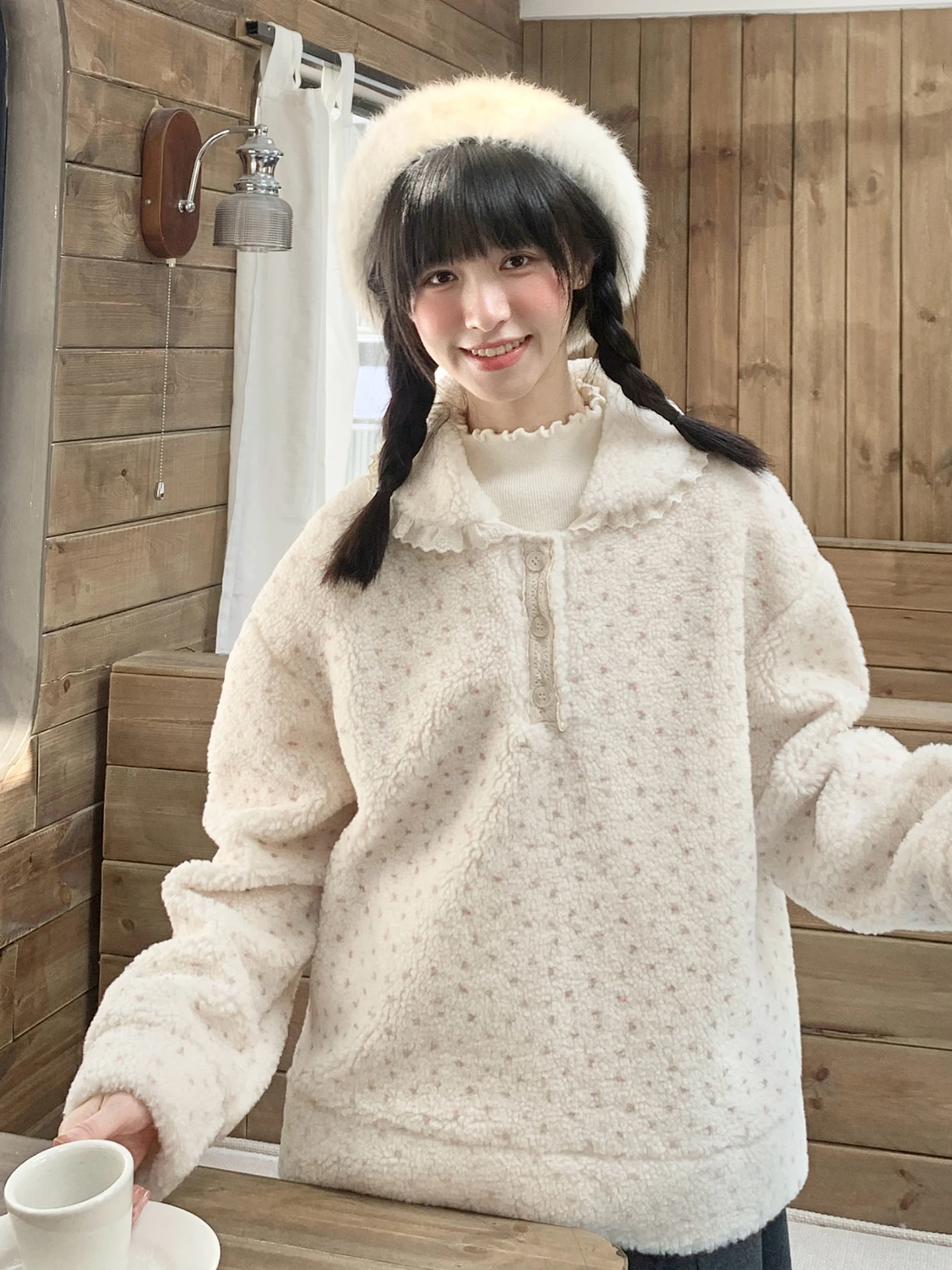 

Thiened Lamb Fur Sweatirt Women's Spring Autumn Faion Floral Doll Collar Korean Sle Top Quali Material Cotton Polye...