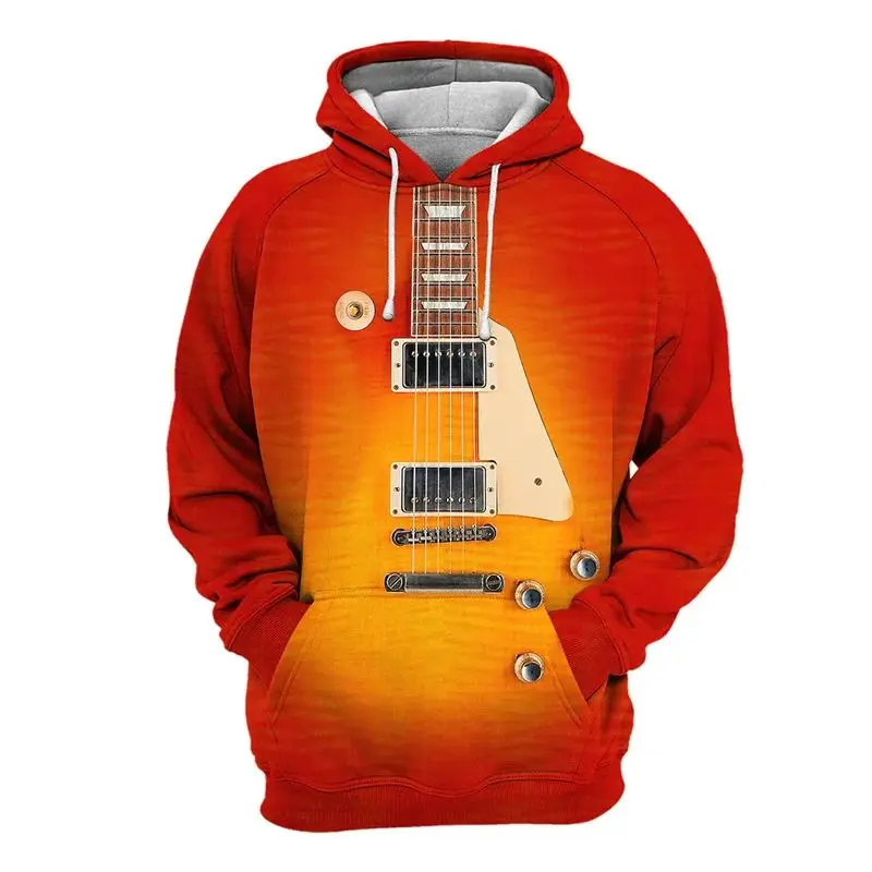 New Men Spring Fashion Instrument Piano Guitar Music Pattern 3d Printed Hoodie Personality Street Trend Plus Size Loose Top