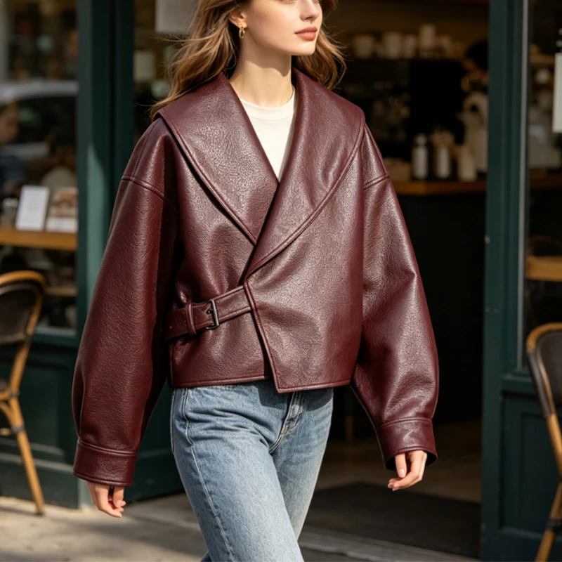 Guobioziy Ladies Vintage Faux Leather Short Jacket Oversized Wide Lapel Wrap Front Side Buckle Belt Design Loose Drop‑Shoulder
