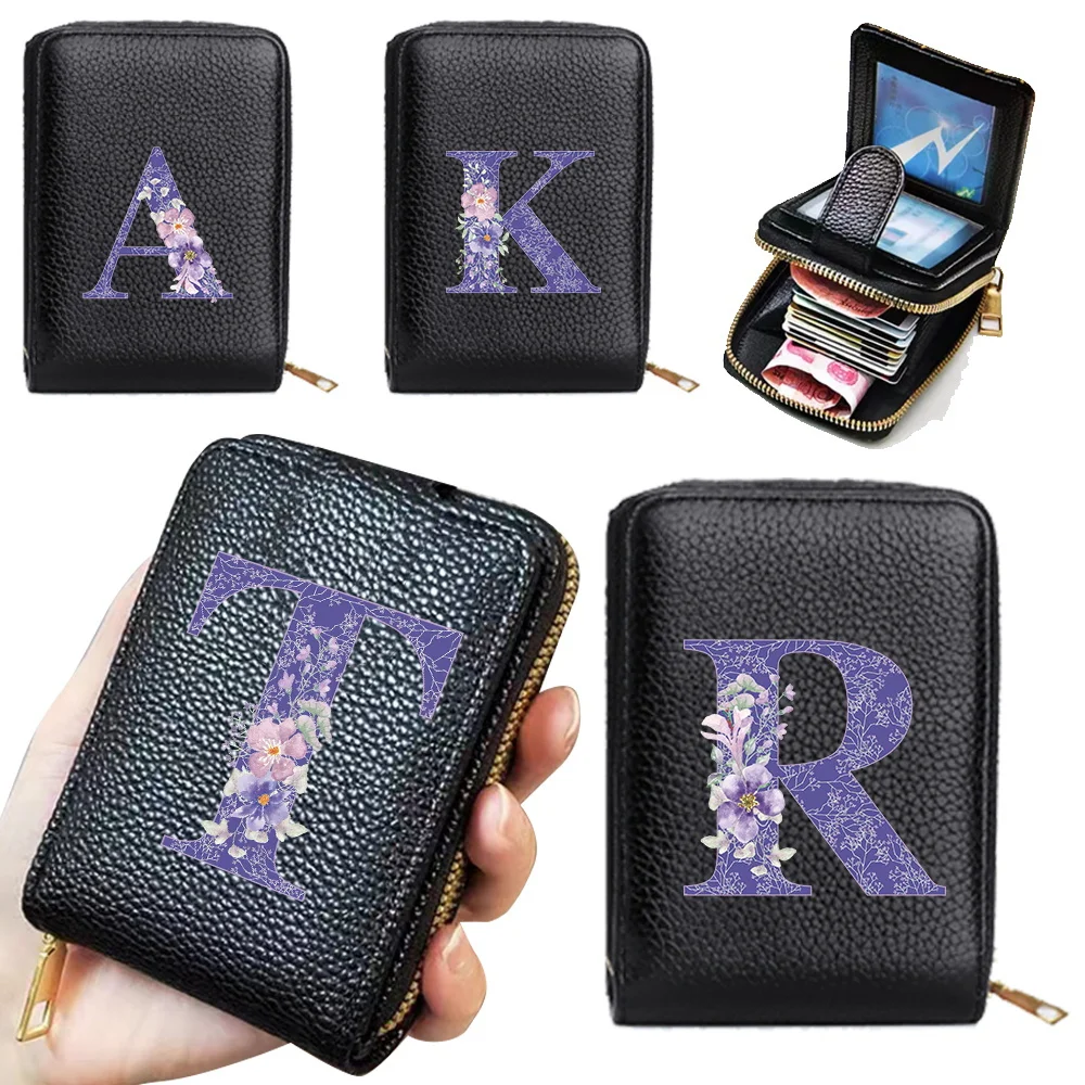 Wallet Women Zipper Credit Card Holder Rfid Blocking Pocket Purse with ID Window Female Coin Purse Fashion Purple Flower Pattern