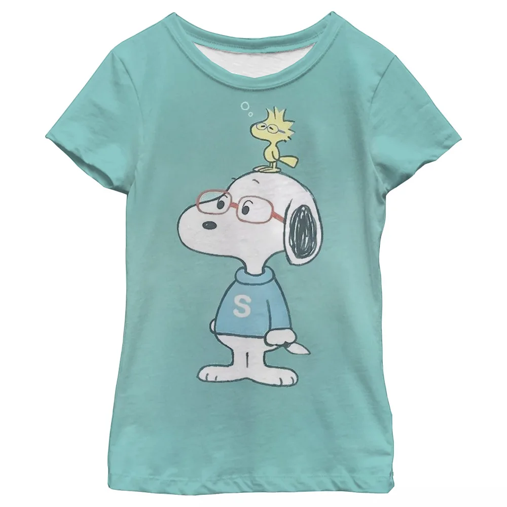 Snoopy estampa de desenho animado moda camiseta gráfica para meninas verão perfeito ao ar livre ativo diversão manga curta camiseta roupas infantis