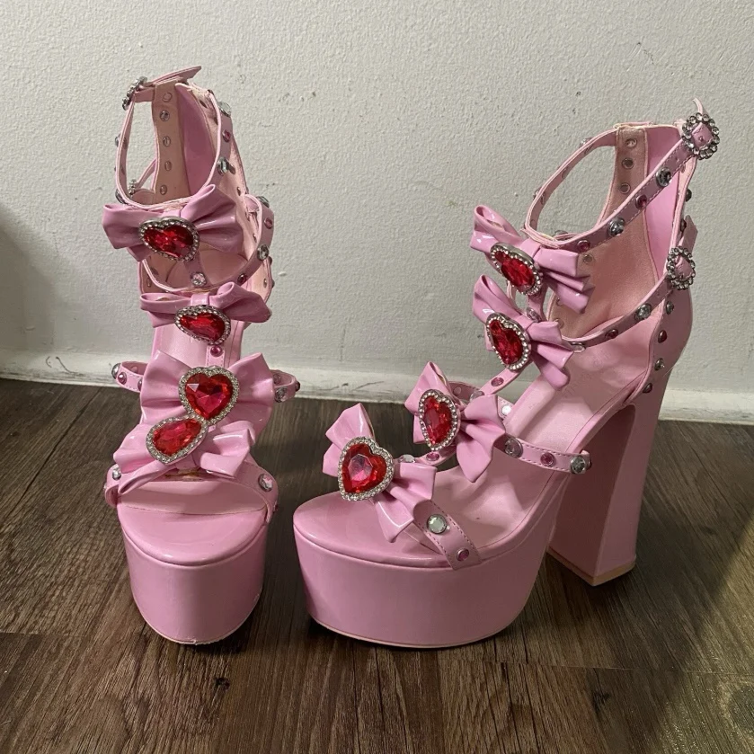 Platform Chunky Heels Shoes for Women Lolita Heart-Shaped Crystal Butterfly Knot Sandals Multi-Buckles Sweet Shoes