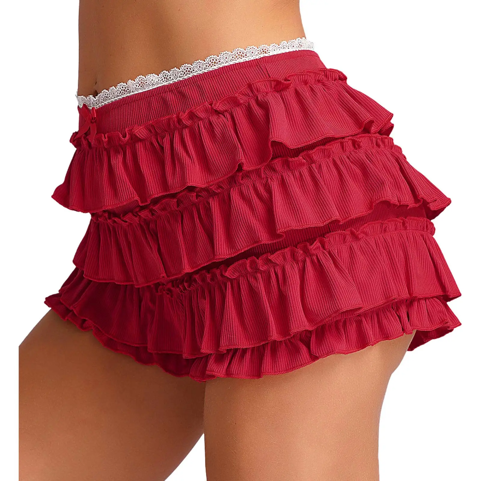 

Sweet Tiered Ruffle Pajamas Short Women Stretchy High Waist Lace Trim Mini Shorts Lolita Bloomers Home Casual Daily Sleep Bottom
