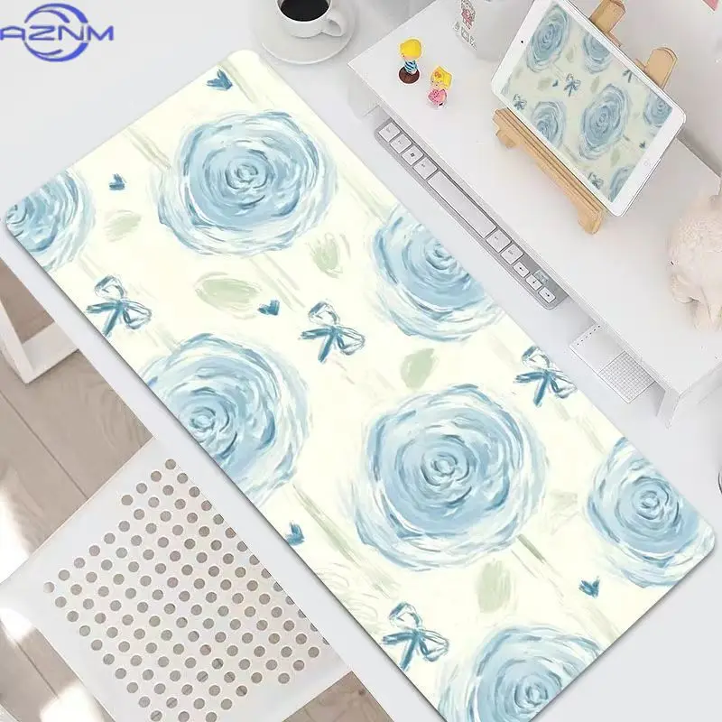 Blue Rose Heart Pattern Mouse Pad Sweet Floral Art Desk Mat For Gaming Office Laptop Keyboard Desktop Decor
