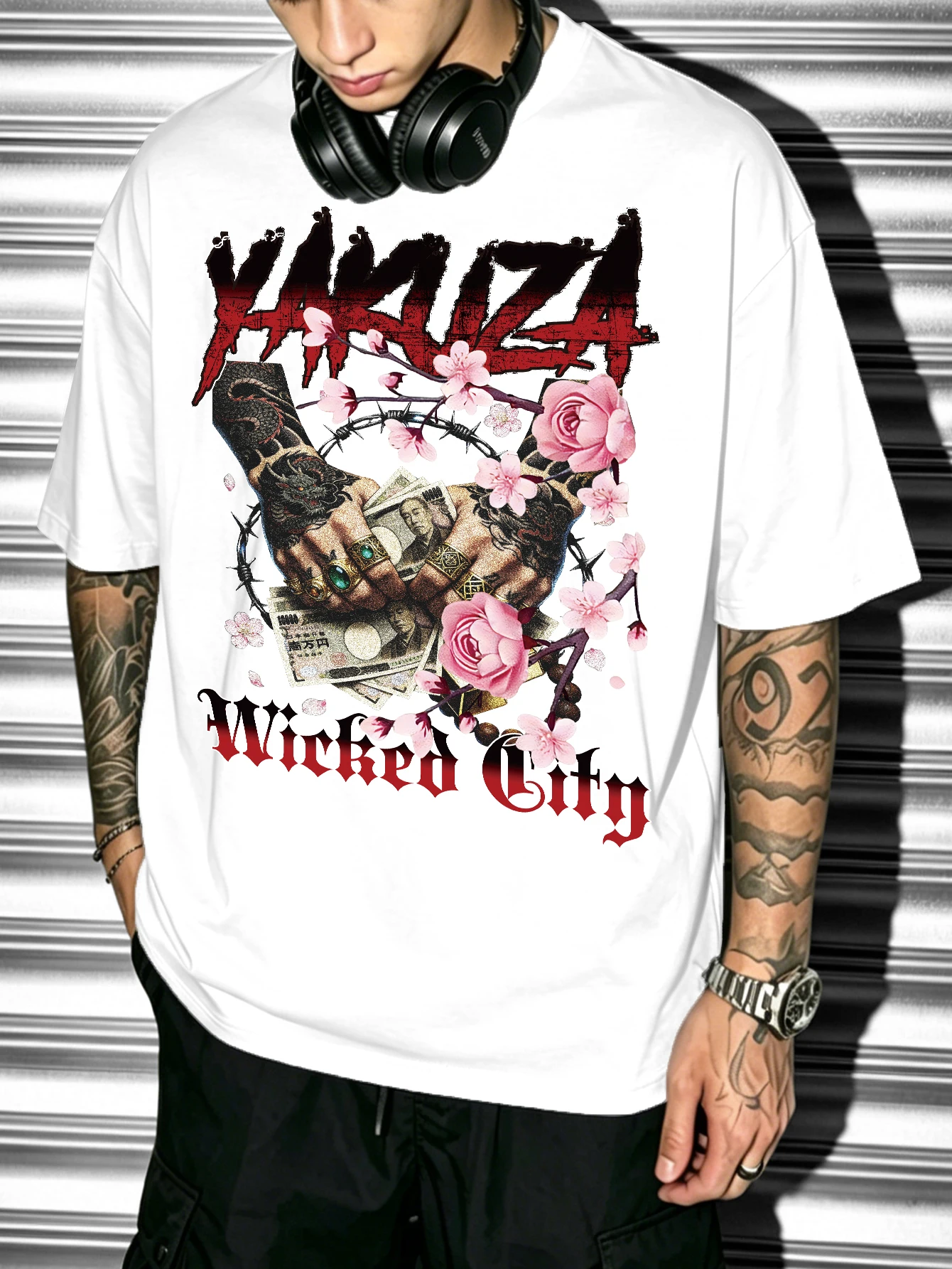 Men's Japanese Streetwear T-Shirt Yakuza Sakura Tattoo Hand Print Cotton White Crew Neck Short Sleeve Tee S-2XL All Size 1Pc