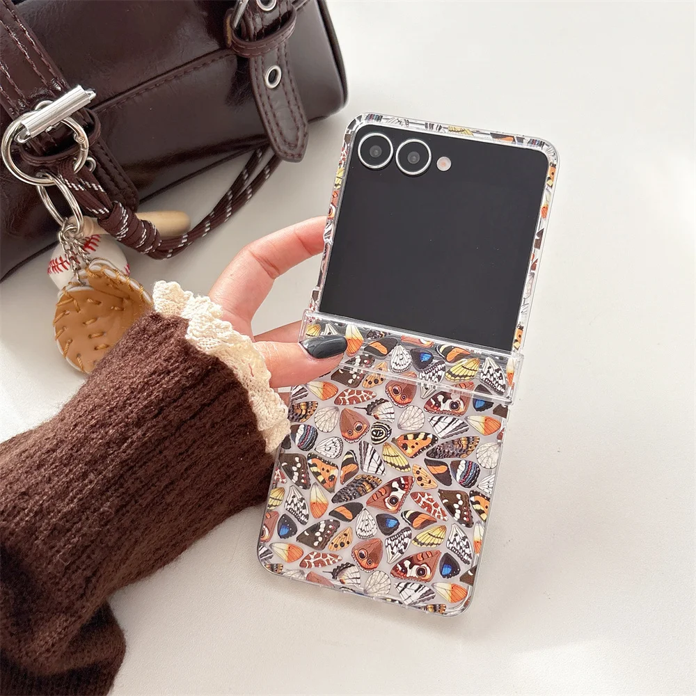 Vintage Artistic Butterfly Wing Collage Printed Phone Case for Samsung Galaxy Z Flip 7-3 Pearl Bead Strap Protective Cover