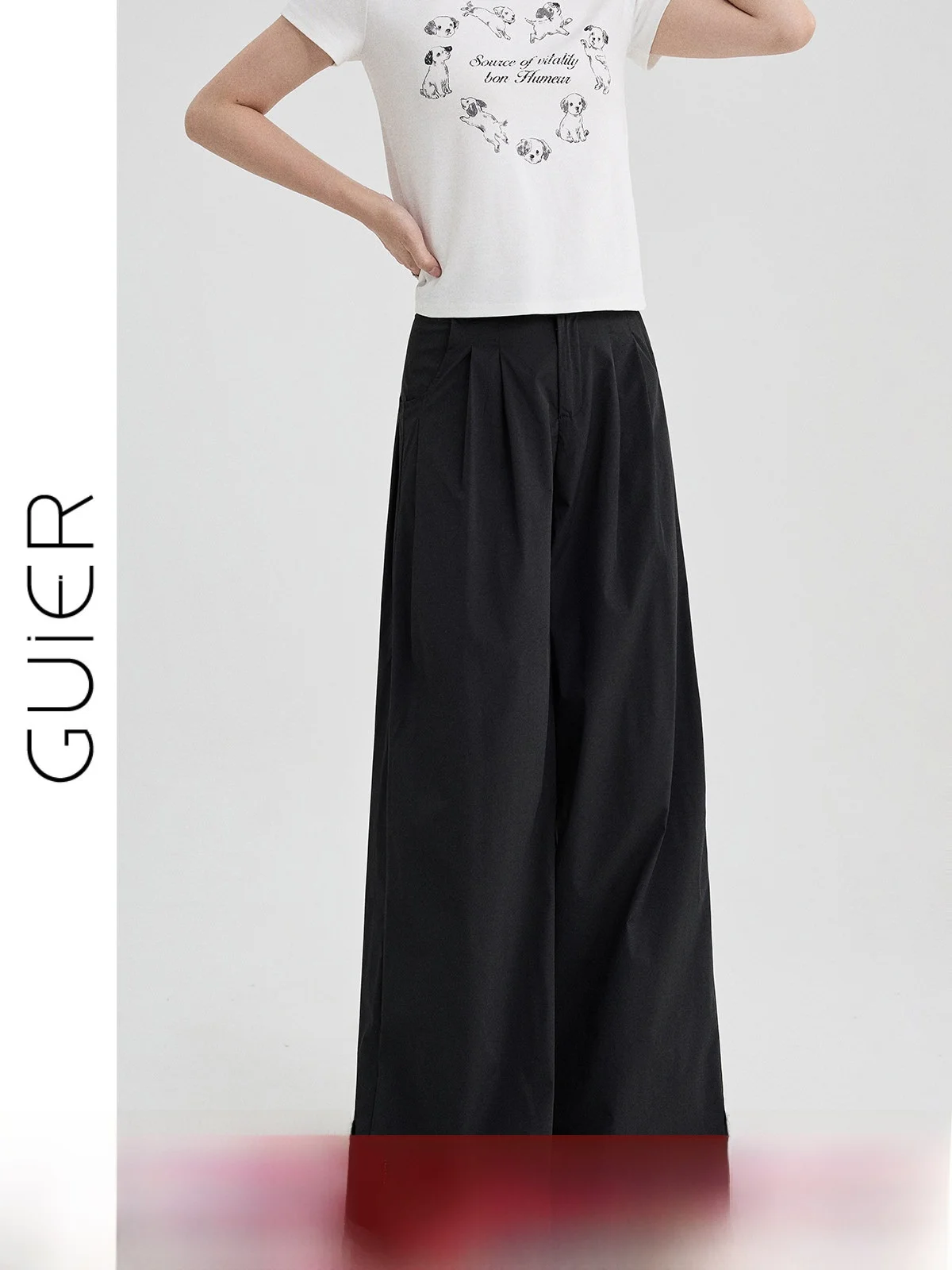 

Женские летние повседневные брюки Guier с высокой талией, прямые, свободные, плиссированные, черные, широкие штанины, для похудения