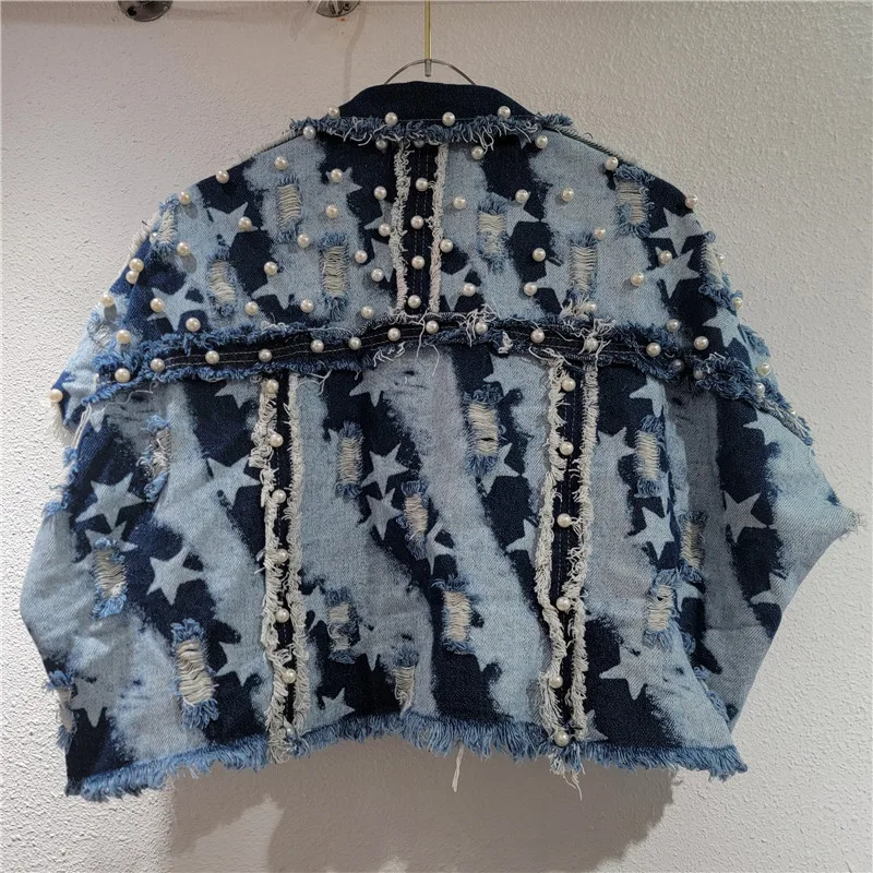 Retro Raw Edge Denim Short Jacket for Women Pearl Star Print Short Sleeve Lapel Loose Jeans Coat with Pockets Crop Coat Clothing