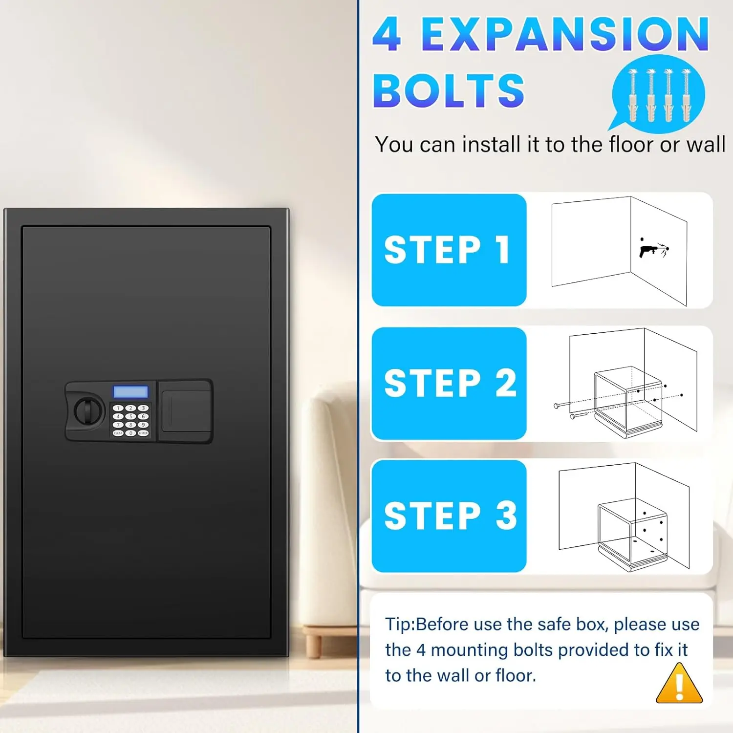 Safe Box, 6.0 Cuft Home Safe with Fireproof Waterproof Bag, Anti-Theft Digital Security Safes with Smart Alert System, Removable