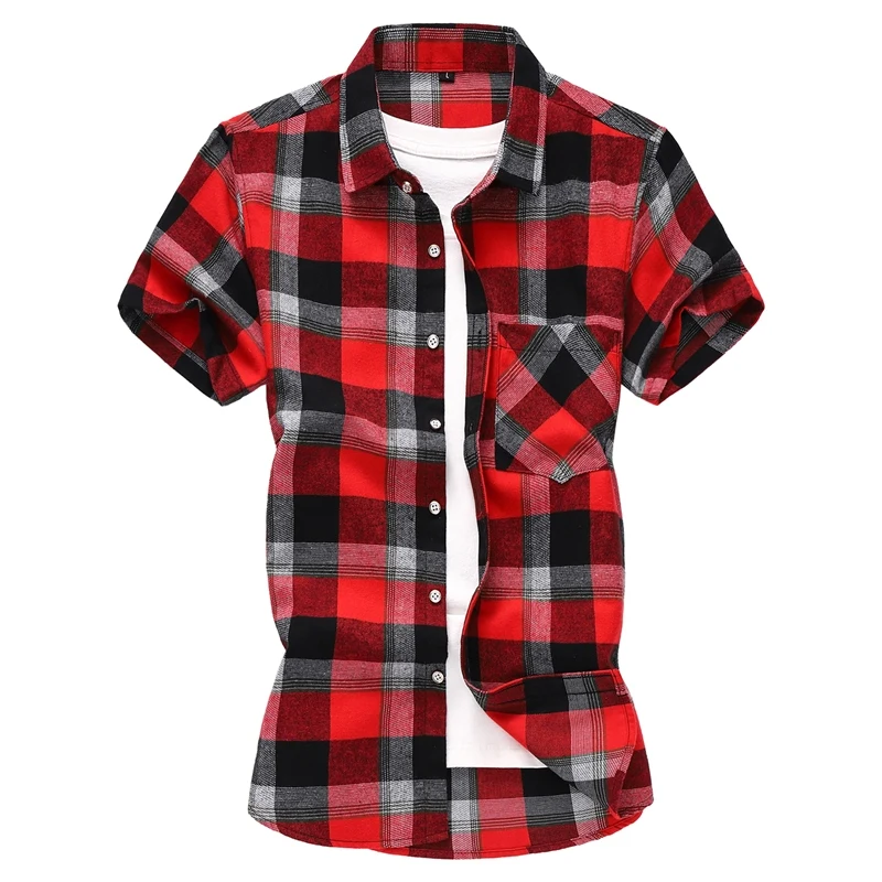 Striped Plaid Short-sleeved Shirt Men\'s Single-breasted Square Collar Cotton Shirts Summer Fashion Casual Camisa Men Chemise 7XL