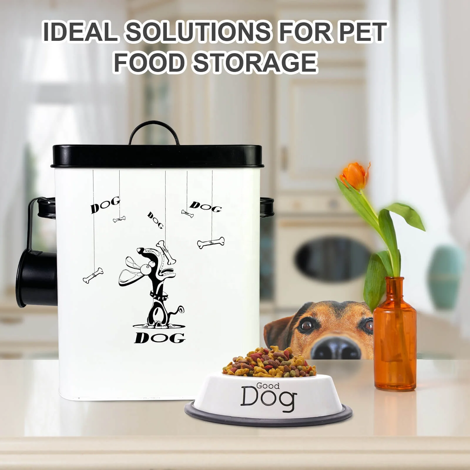 Dog Food Storage Container with Spoon, Pet Food Bucket, Storage Box, Moisture-Proof and Rust-Proof Barrel