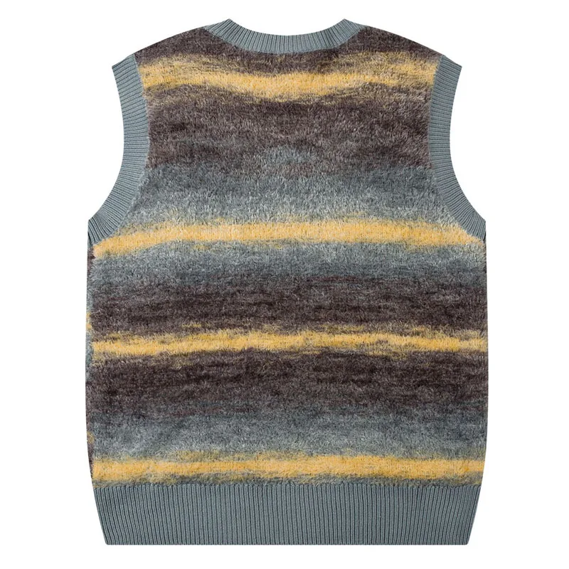 Harajuku Plush Sweater Vest Men Women Gradient Striped Loose Sleeveless V-neck Pullover Autumn Winter Korean Casual Sweaters New