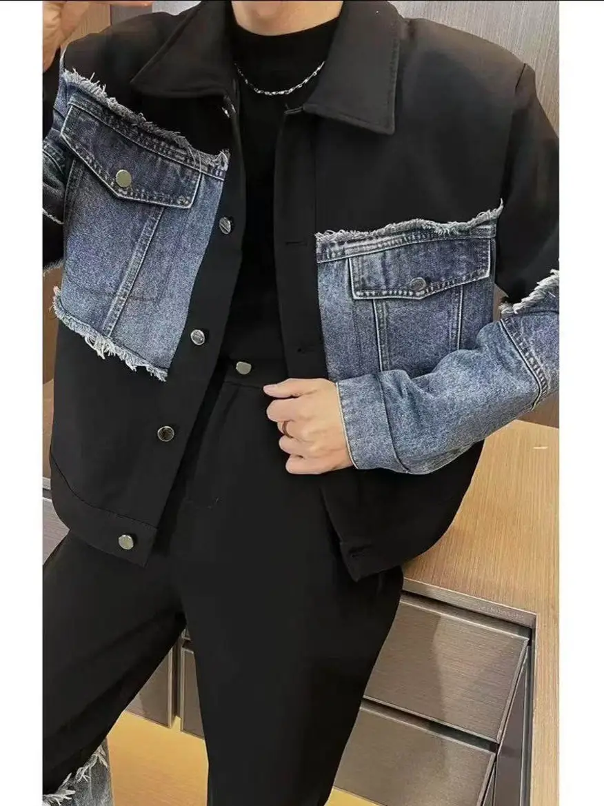 

Корейский повседневный мужской джинсовый лоскутный джинсовый комплект из двух предметов, весенний новый винтажный уникальный модный комплект для отдыха