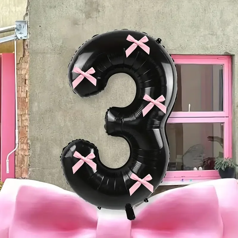 7 sztuk 32-calowych czarnych cyfrowych balonów z folii aluminiowej z różowymi kokardkami, odpowiednich do dekoracji urodzinowych i rocznicowych — zdjęcie 4