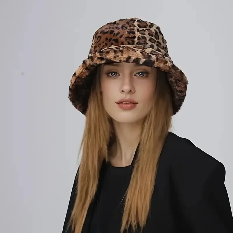 여성용 조절식 레오파드 무늬 봉제 버킷 햇, 따뜻한 수분 흡수, 비 신축성 폴리에스터, 손 세탁 가능, 가을 및 겨울