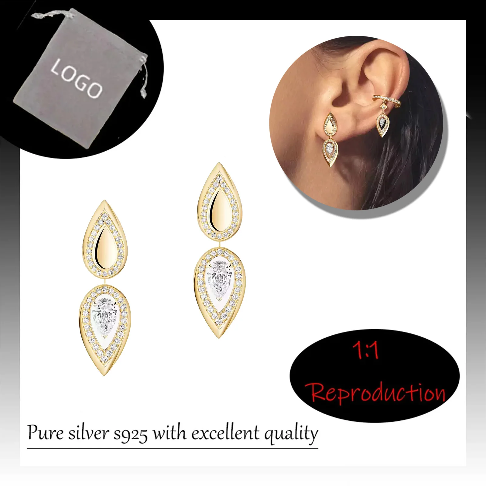 

S925 pure silver droplet shaped simple personalized high-quality diamond brand luxurious women's earrings