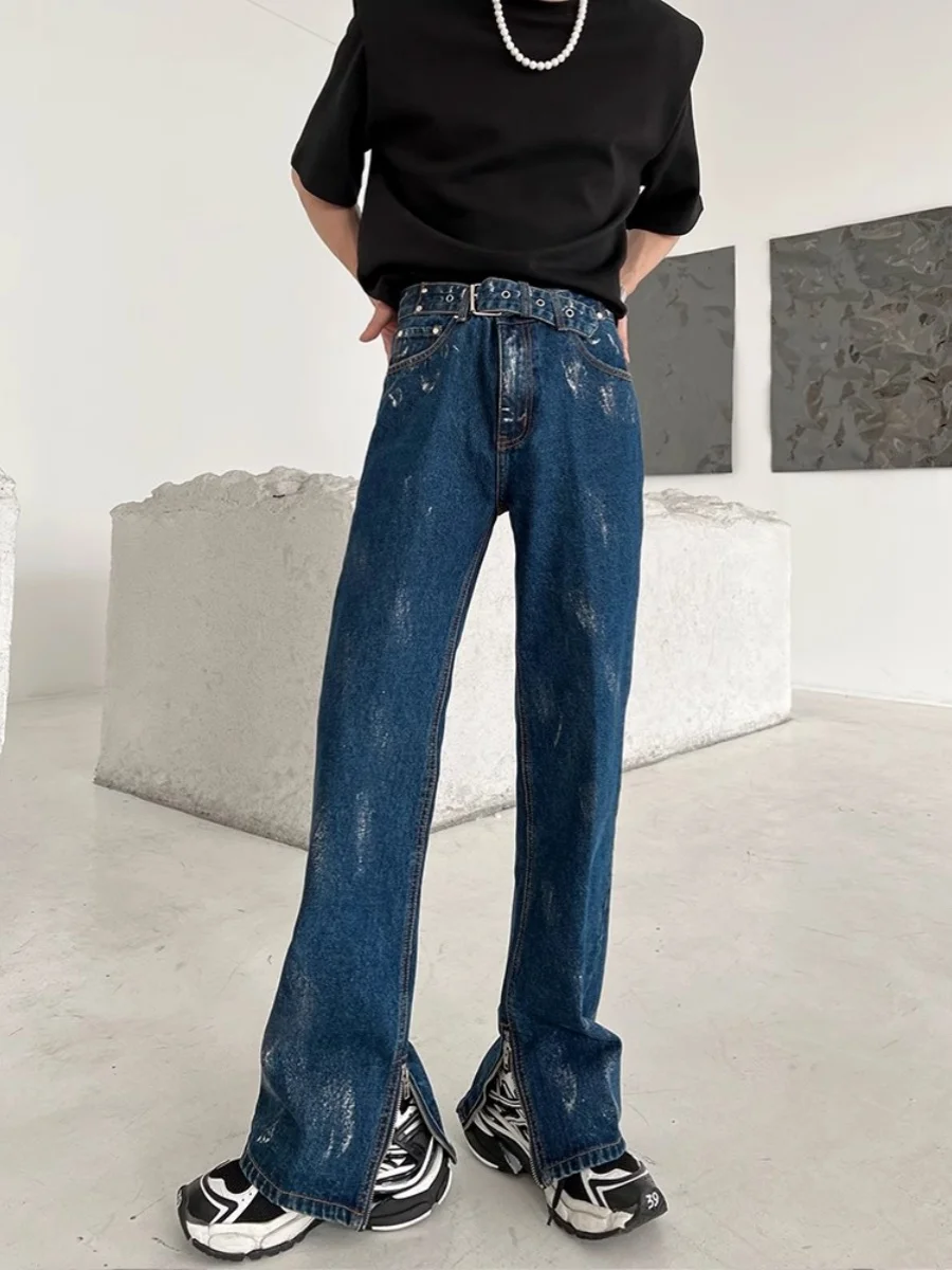 

American High Street Zipper Slit Jeans Men's Paint Design Sensation OOTD Matching High-End Feeling Straight Leg Flared Long P...