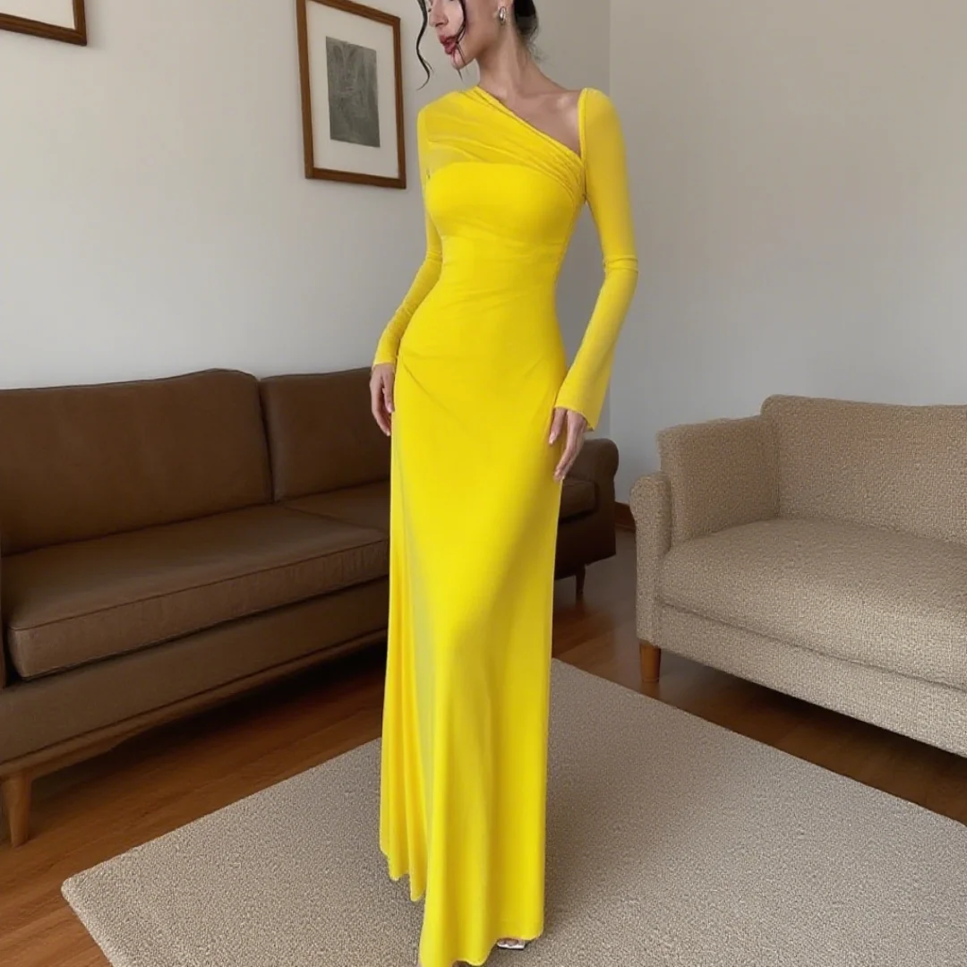 

Elegant mermaid chiffon evening gown custom-made pleated ballroom formal dress for ladies with long sleeves