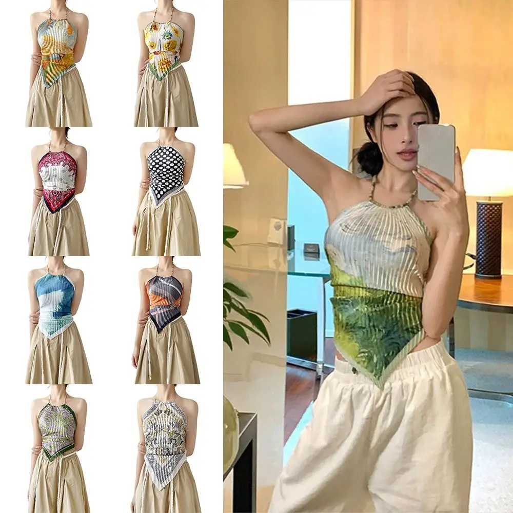 Modischer ästhetischer Print-Bandagen-Wickeltop, rückenfrei, Y2K, ärmellose Sling-Weste, Boho-Tie-Dye-Seidenschal für Damen, Mädchen