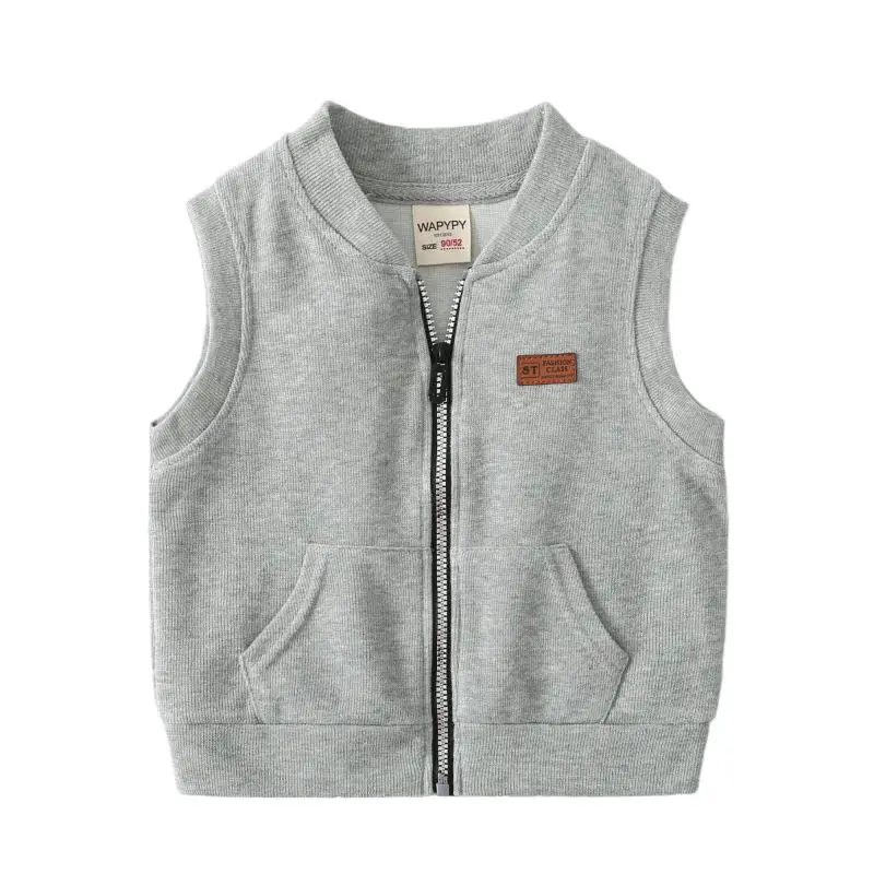 Spring Autumn Young Kids Boy Vest Letter Sticker Zipper Little Boys Sleeveless Jakcet Solid Casual V-collar Infant Boy WaistCoat