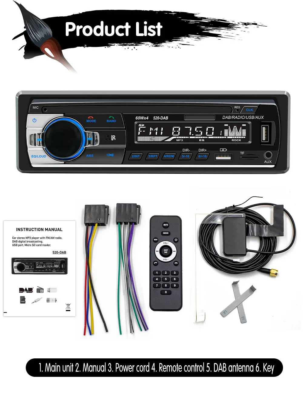 Ptopoyun Dab Radio DAB+ Car MP3 Multimedia Player JSD-520 AM FM Audio Stereo Receiver 12V In-Dash 1din Bluetooth Autoradio