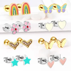 LUXUKISSKIDS Earrings Rainbow Studs Steel Korean Fashion Dainty Tiny Heart Piercing for Women 2026 Trendy Cute Small Ear Jewelry