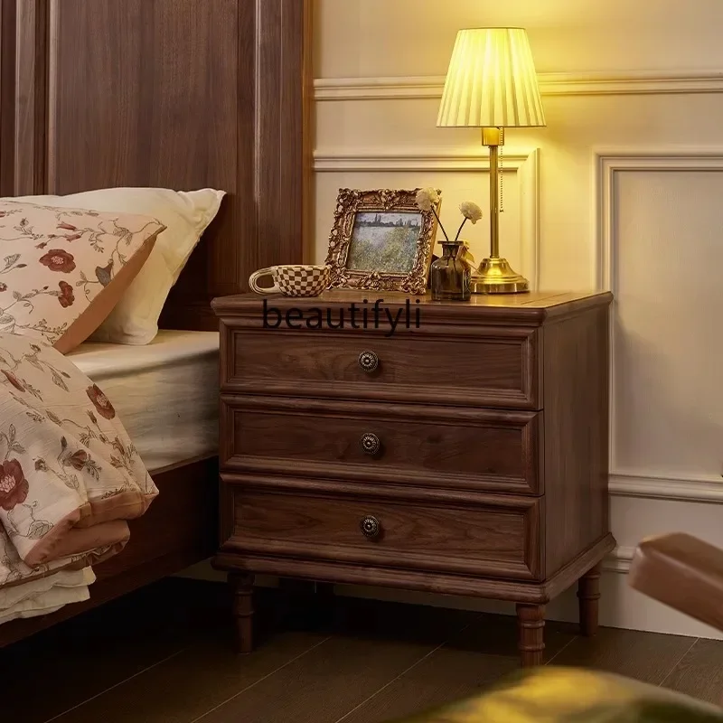 

Bedside table Small light luxury high sense North American black walnut solid wood home bedroom locker multi-layer