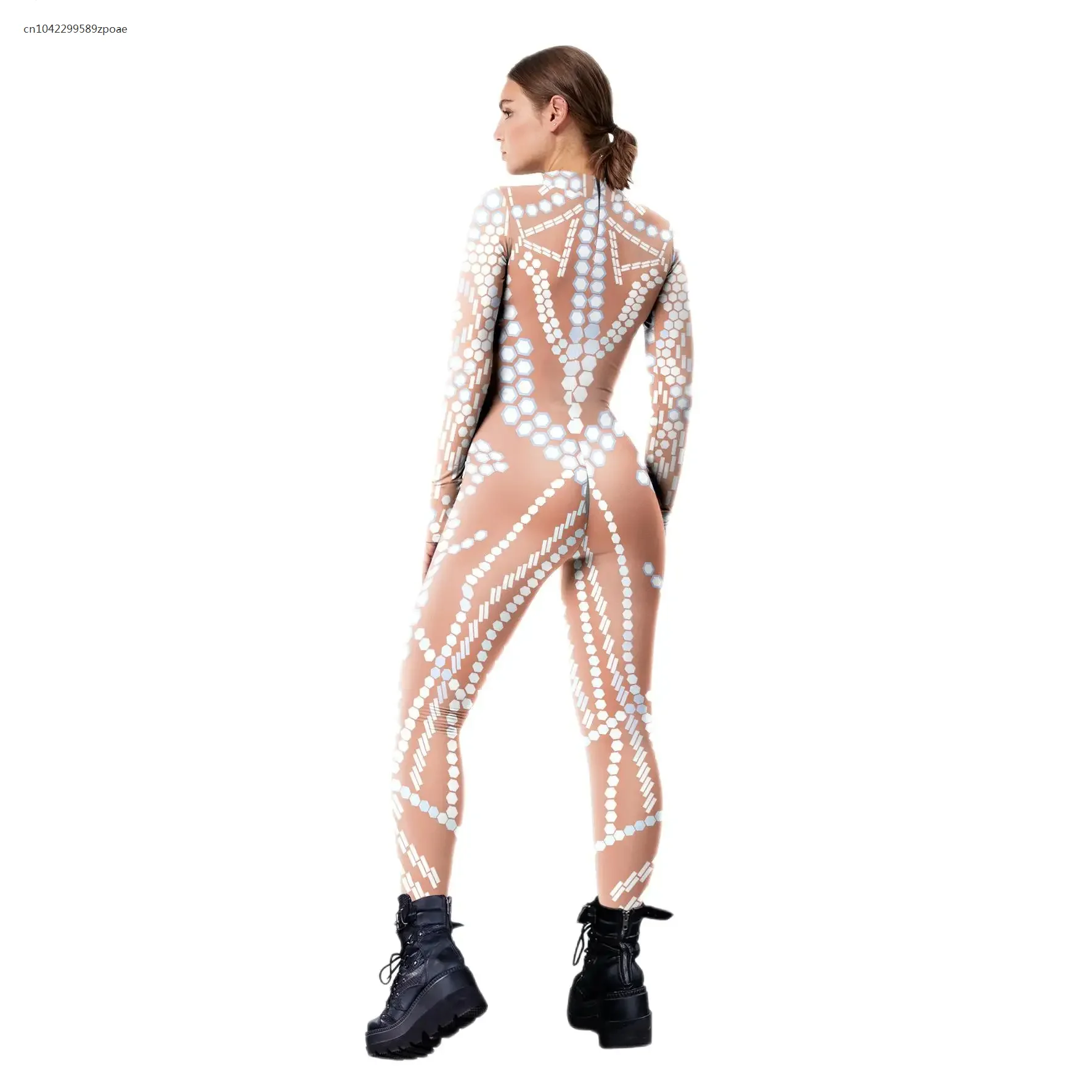 2024 Frauen Bodys Mode Pailletten Muster Cosplay Kostüm Erwachsenen Zentai Fitness Langarm Overalls Reiß verschluss Party Outfit