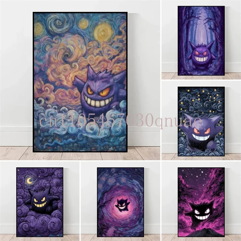 

Van Gogh Starry Sky Pokemon Anime Figures Gengar Watercolor Painting Canvas Posters and Abstract Art Murals Picture Home Decor