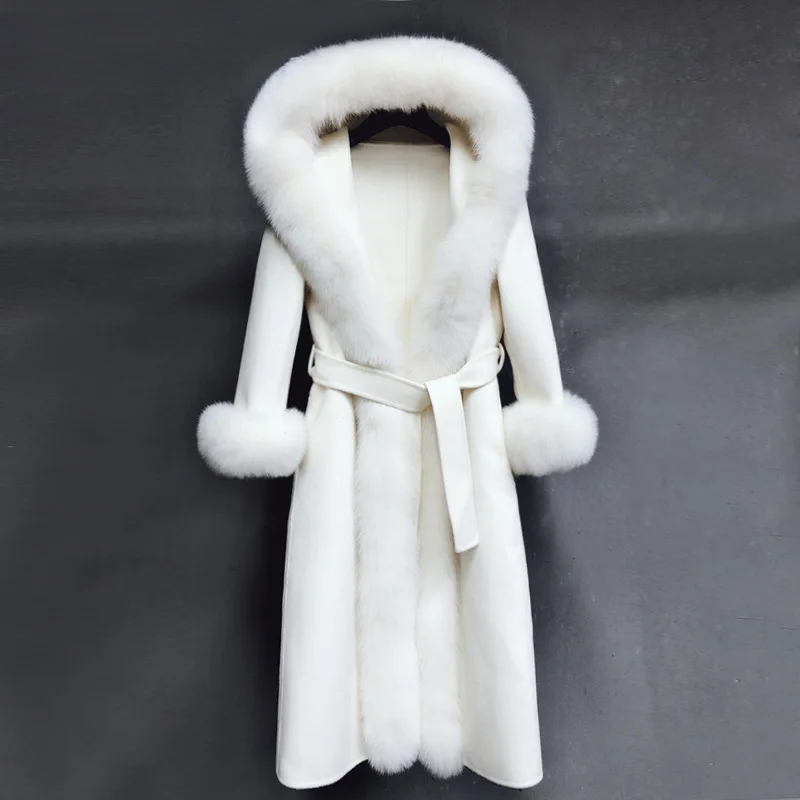 

FURYOUME 2024 Winter Women Real Fur Coat X-long Cashmere Luxury Jacket With Belt Natural Fox Fur Collar Placket Cuffs Streetwear