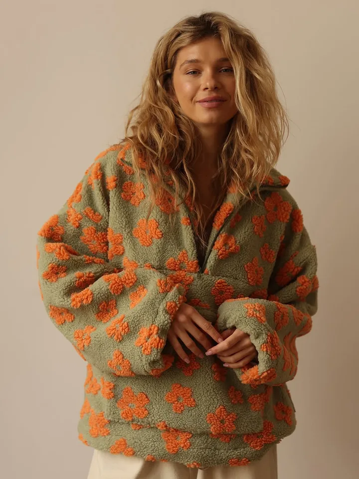 Sudadera con Capucha Nueva para Mujer Otoño Invierno, Sherpa Floral, Medio Cierre, Suelta, Cálida y Elegante 4