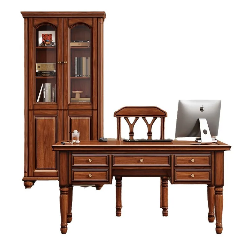 

American country solid wood desk desktop computer desk home retro study writing table solid wood desk chair com