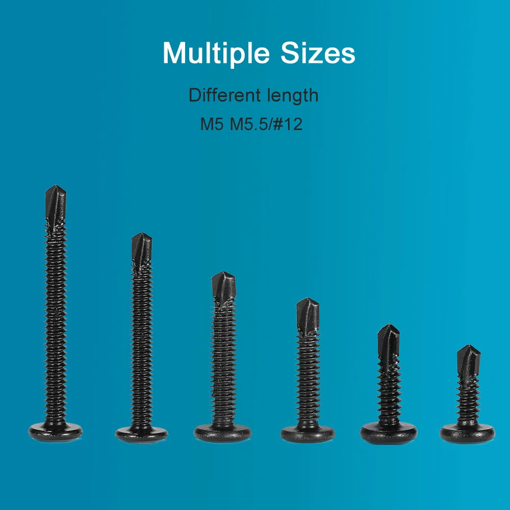 NINDEJIN 20pcs Flat Head Hex Socket Cap Self Drilling Screw Black Zinc 410 M5 M5.5 #12 Self Tapping Sheet Metal Screws